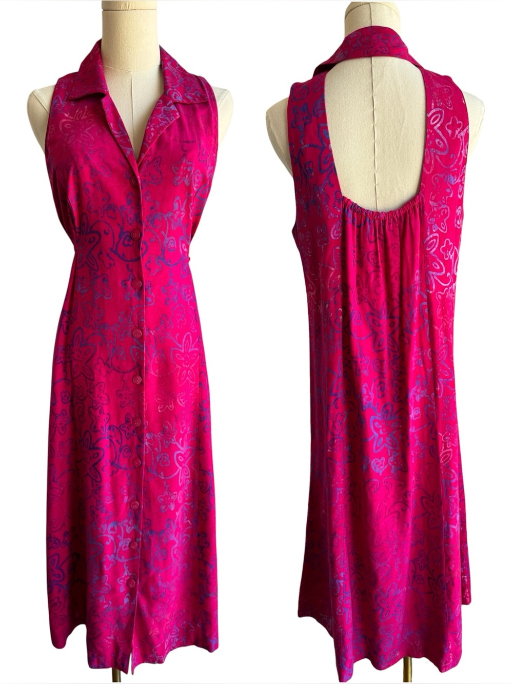 Zizi Handmade Stamped Midi Dress Sz Small Pink Magenta Halter Open Back Sundress